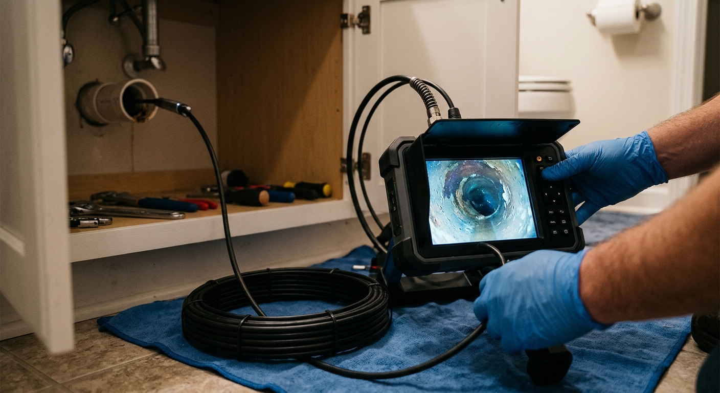 Technicien utilisant une caméra d'inspection vidéo pour recherche de fuite
